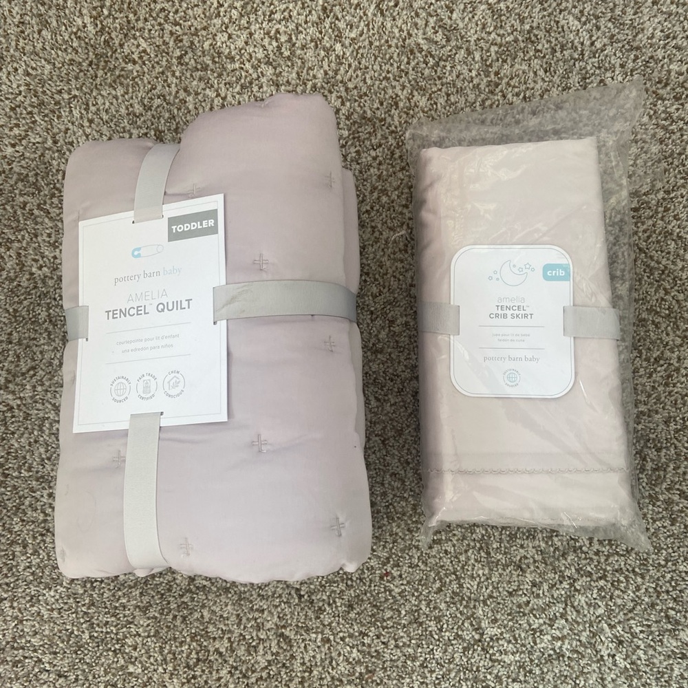 Pottery Barn AMELIA TENCEL QUILT and TENCEL CRIB SKIRT -New!